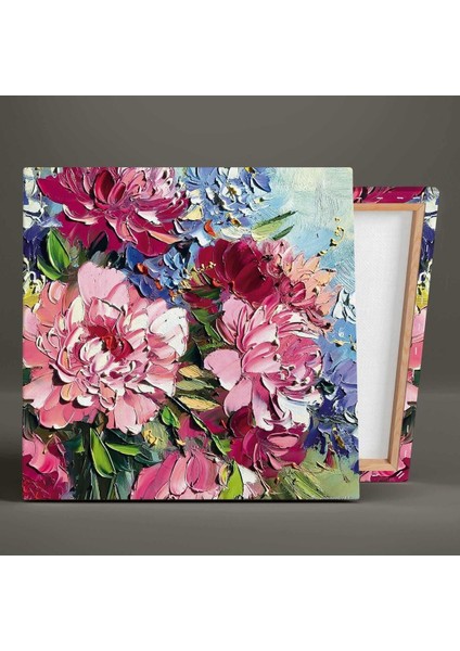 Pembe Ve Mavi Krizantem Çiçek Buketi Fırça Izleri Kare Hd Baskı Kanvas Tablo fiyatları