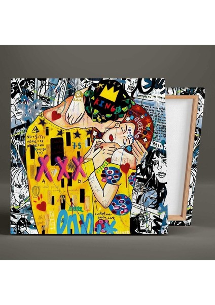 Gustav Klimt Grafitti Öpücük Tablosu Sokak Sanatı Kare Hd Baskı Kanvas Tablo