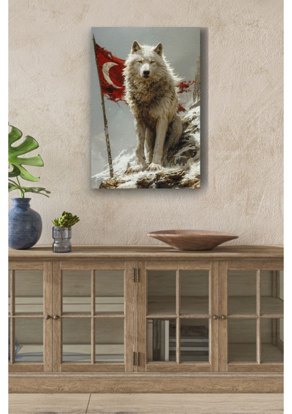 Arkasında Türk Bayraklı Beyaz Kurt Yağlı Hd Baskı Kanvas Tablo