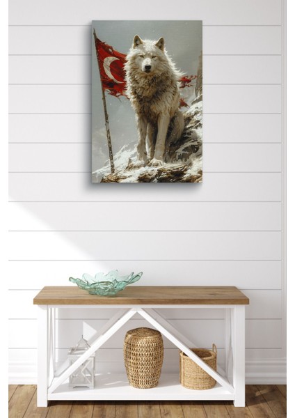 Arkasında Türk Bayraklı Beyaz Kurt Yağlı Hd Baskı Kanvas Tablo fiyatları