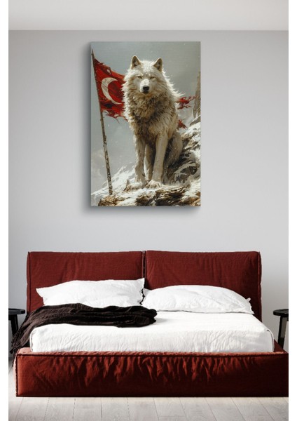 Arkasında Türk Bayraklı Beyaz Kurt Yağlı Hd Baskı Kanvas Tablo modelleri