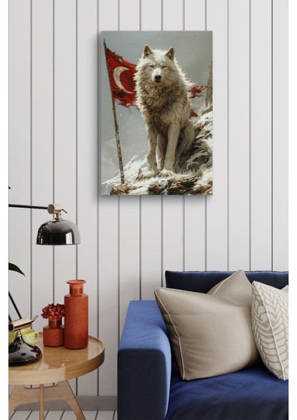 Arkasında Türk Bayraklı Beyaz Kurt Yağlı Hd Baskı Kanvas Tablo fırsatları