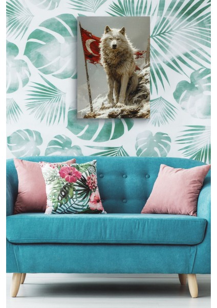 Arkasında Türk Bayraklı Beyaz Kurt Yağlı Hd Baskı Kanvas Tablo indirimleri