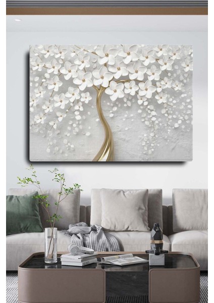 Dekoratif Soyut Altın Beyaz Çiçek Sürreal Kanvas Duvar Tablosu