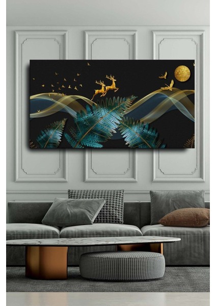 Dekoratif Soyut Altın Geyik Ve Kuşlar Sürreal Kanvas Duvar Tablosu