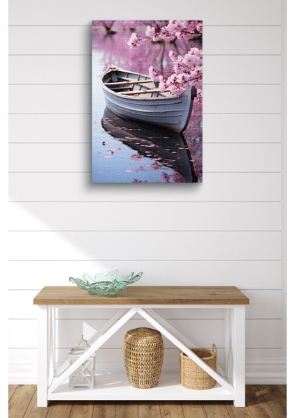 Pembe Çiçek Detaylı Kayık Yağlı Hd Baskı Kanvas Tablo