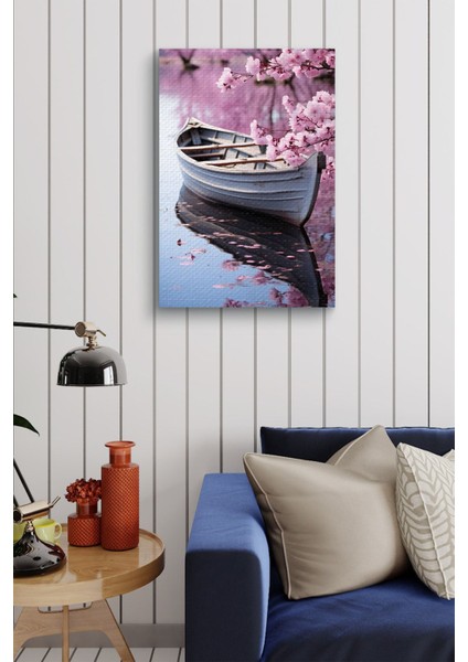 Pembe Çiçek Detaylı Kayık Yağlı Hd Baskı Kanvas Tablo