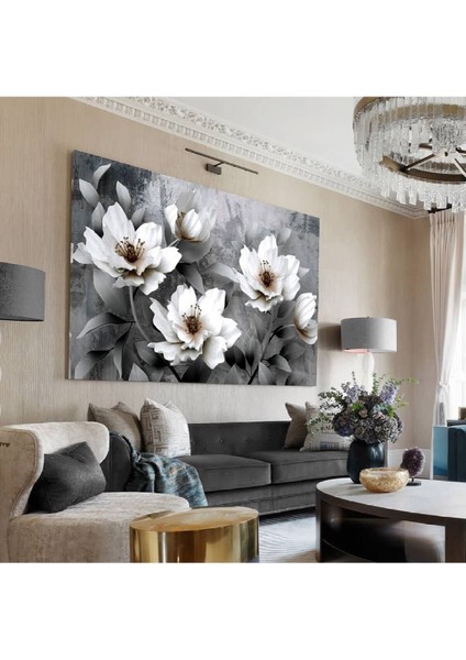 Yağlı Boya Efektli Çiçek Tablosu Derin Gri (Siyah - Beyaz Kombini)