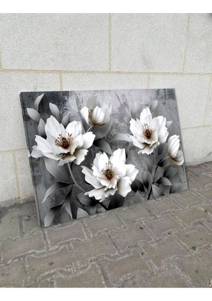 Yağlı Boya Efektli Çiçek Tablosu Derin Gri (Siyah - Beyaz Kombini) fiyatları