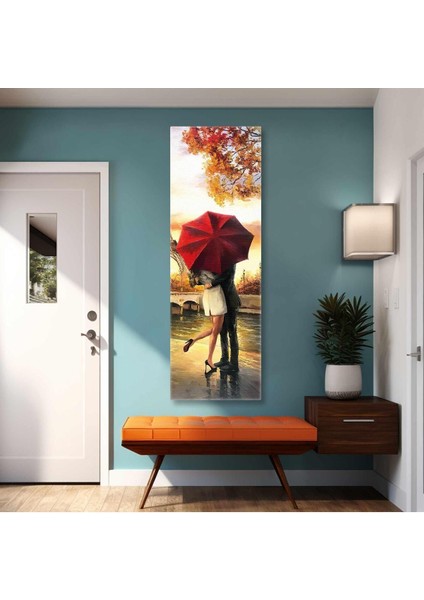 Eyfel Kulesi Kırmızı Şemsiye Altında Sarılan Çift Paris Panoramik Dikey Hd Baskı Kanvas Tablo