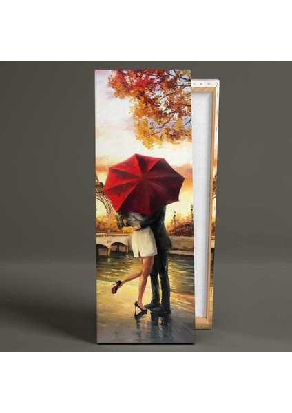 Eyfel Kulesi Kırmızı Şemsiye Altında Sarılan Çift Paris Panoramik Dikey Hd Baskı Kanvas Tablo fiyatları