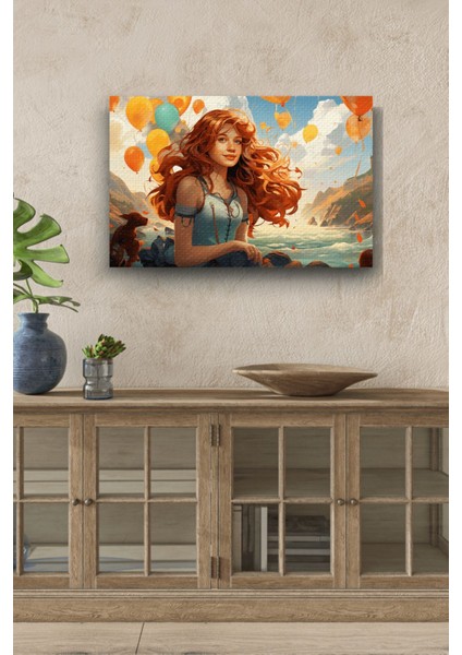 Kızıl Saçlı Kız Detaylı Ilüstrasyon Yatay Yağlı Hd Baskı Kanvas Tablo