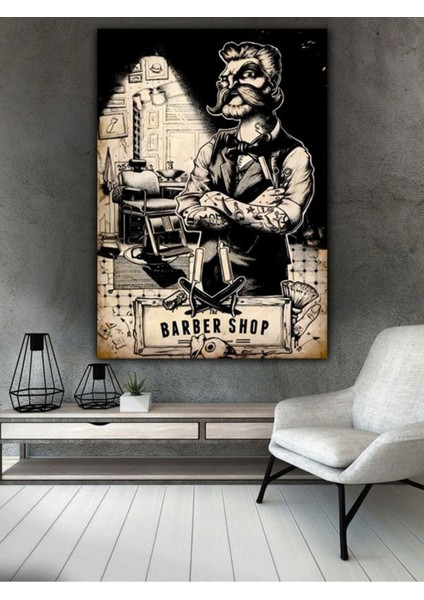 Karikatür Berbershop Erkek Kuaför Berber Model Özgün Tasarım Hd Baskı Kanvas Tablo