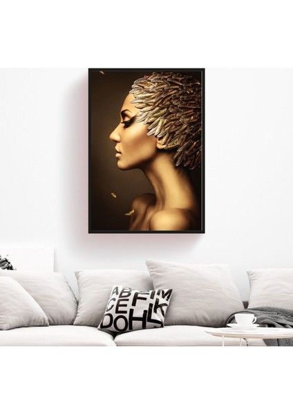 Altın Yüz Makyajı Tüy Şapkalı Kadın Dekoratif Hd Baskı Kanvas Tablosu