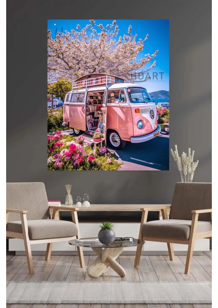 Deniz Kenarında Çiçekler Arasında Şirin Pembe Vosvos Hd Kalite Hd Baskı Kanvas Tablo