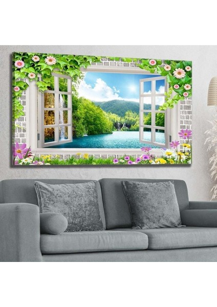 Çiçekli Pencere Doğa Manzaralı - Hd Baskı Kanvas Tablo 60x120cm-Hykvs-0533