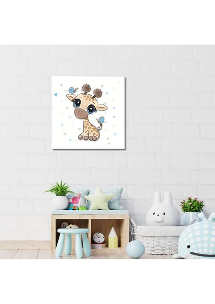 Dekoratif Kare Kanvas Çocuk Odası Kuşlar Ve Sevimli Zürafa Tablosu