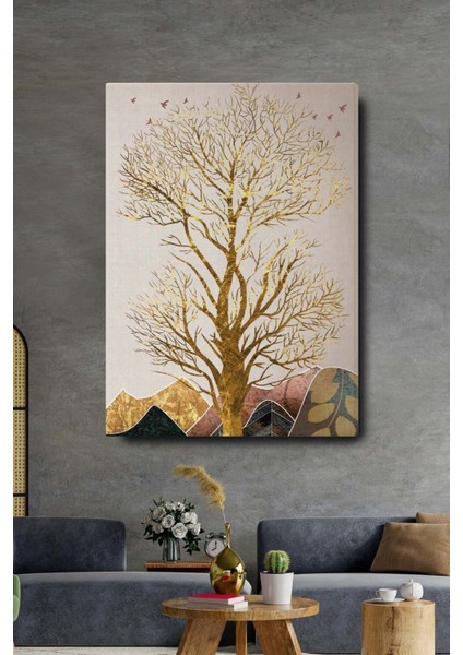 Dekoratif Soyut Altın Ağaç Sürreal Kanvas Duvar Tablosu