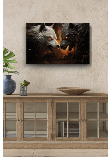 Beyaz Ve Siyah Kurtlar Yatay Hd Baskı Kanvas Tablo