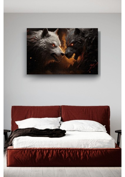 Beyaz Ve Siyah Kurtlar Yatay Hd Baskı Kanvas Tablo modelleri