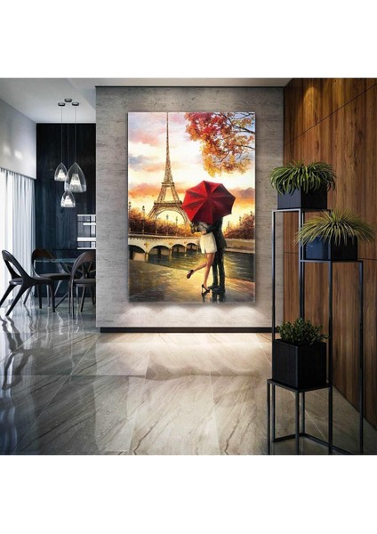 Eyfel Kulesi Kırmızı Şemsiye Altında Sarılan Çift Paris Dikey Hd Baskı Kanvas Tablo