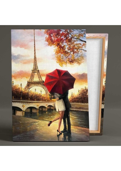 Eyfel Kulesi Kırmızı Şemsiye Altında Sarılan Çift Paris Dikey Hd Baskı Kanvas Tablo fiyatları
