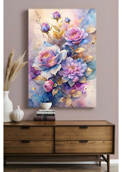 Mor & Mavi Gold Detaylı Çiçek Hd Baskı Kanvas Tablo - Duvar Tablosu - Canvas Tablo - Duvar Dekorasyonu