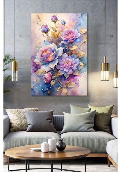 Mor & Mavi Gold Detaylı Çiçek Hd Baskı Kanvas Tablo - Duvar Tablosu - Canvas Tablo - Duvar Dekorasyonu