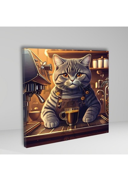 Kare Kanvas Kahve Köşesi Cafe Tablosu Barista British Shorthair