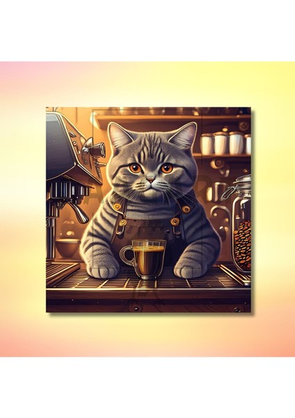 Kare Kanvas Kahve Köşesi Cafe Tablosu Barista British Shorthair