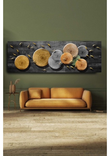 Dekoratif Soyut Altın Balıklar Ve Odun Sürreal Kanvas Duvar Tablosu 120x40cm Büyük Boy Tablo