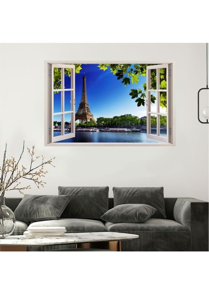 Modern Dekoratif Açılır Pencere Görünümlü Eyfel Kulesi Göl Ağaç Manzaralı Hd Baskı Kanvas Tablo Tablosu
