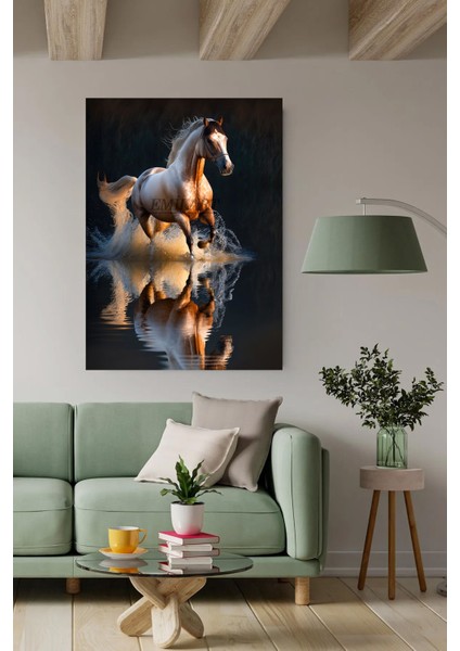 Koşan At Su Ile Yansımalı Yapay Zeka Hd Kalite Hd Baskı Kanvas Tablo
