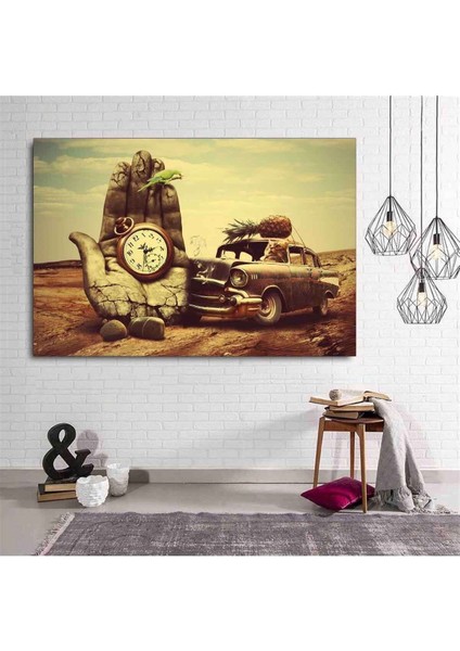 Vintage Araba Ve Saat Dekoratif Hd Baskı Kanvas Tablo Premium Kalite