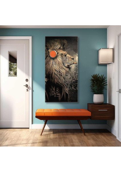 Müzik Dinleyen Ceketli Cool Aslan Boyuna Dikey Hd Baskı Kanvas Tablo