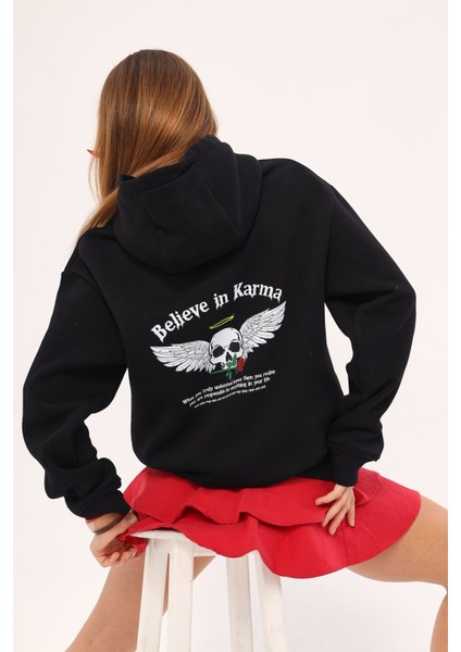 Kapüşonlu Içi Polar Believe In Karma Baskılı Siyah Unisex Hoodie Sweatshirt