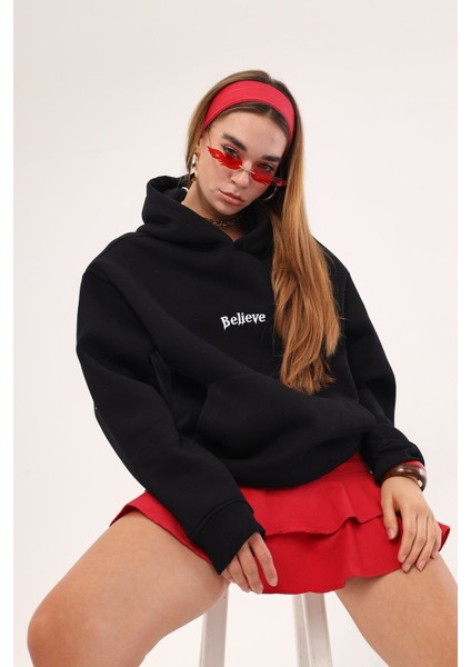 Kapüşonlu Içi Polar Believe In Karma Baskılı Siyah Unisex Hoodie Sweatshirt