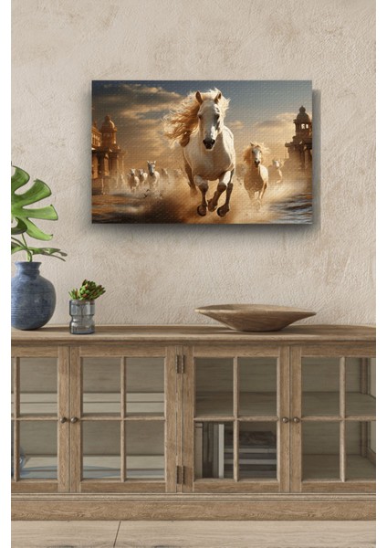 Sular Üzerinde Ilerleyen Beyaz Atlar Yatay Yağlı Hd Baskı Kanvas Tablo