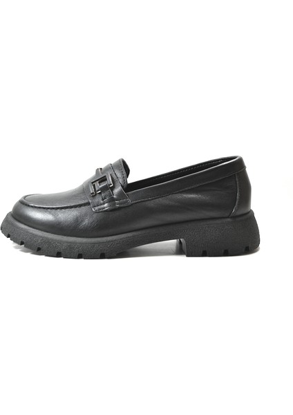 4254 Soft Deri Siyah Tokalı Kadın Loafer Ayakkabı