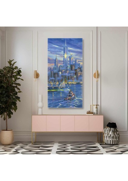New York Şehir Işıkları Yelkenliler Boyuna Dikey Hd Baskı Kanvas Tablo