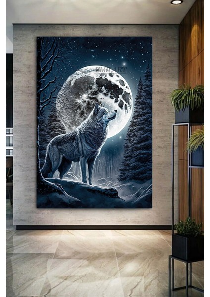 Dolunayda Uluyan Kurt Hd Kalite Hd Baskı Kanvas Tablo