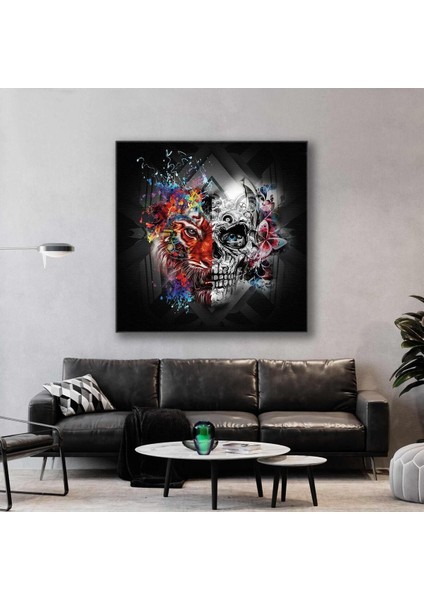 Boya Sıçramaları Kaplan ve Mekanik Kafa Kare Hd Baskı Kanvas Tablo
