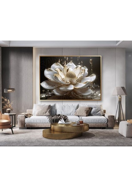 Altın Damlalı Beyaz Çiçek Hd Kalite Dekoratif Hd Baskı Kanvas Tablosu