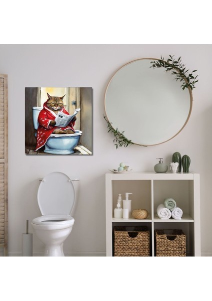 Tekli Kare Kanvas Banyo Tablosu Tabletle Oynayan Tekir Kedi