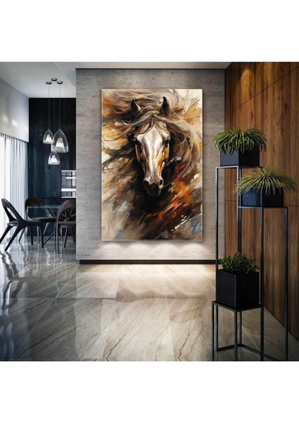 Yeleleri Uçuşan Karizmatik Kahverengi At Dikey Hd Baskı Kanvas Tablo