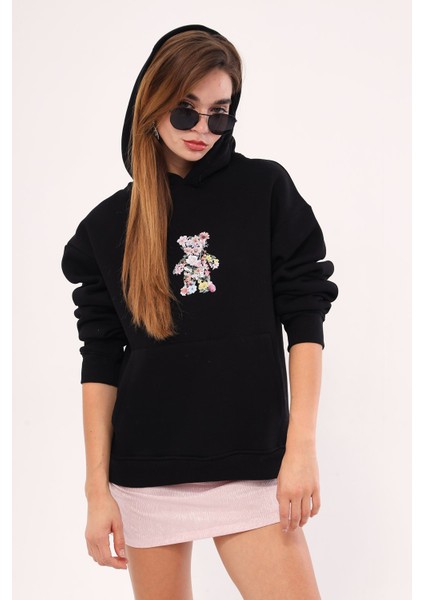 Kapüşonlu Içi Polar Çiçekli Teddy Bear Baskılı Siyah Unisex Hoodie Sweatshirt