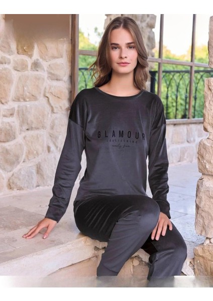 Kadın Kışlık Bisiklet Yaka Likralı Soft Kadife Pijama Takımı 4200/12 - 1 Adet