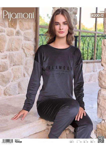 Kadın Kışlık Bisiklet Yaka Likralı Soft Kadife Pijama Takımı 4200/12 - 1 Adet
