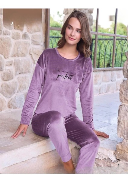 Kadın Kışlık Bisiklet Yaka Likralı Soft Kadife Pijama Takımı 4200/13 - 1 Adet