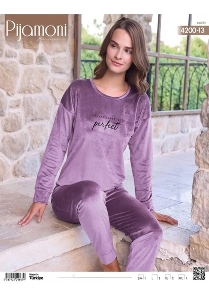 Kadın Kışlık Bisiklet Yaka Likralı Soft Kadife Pijama Takımı 4200/13 - 1 Adet